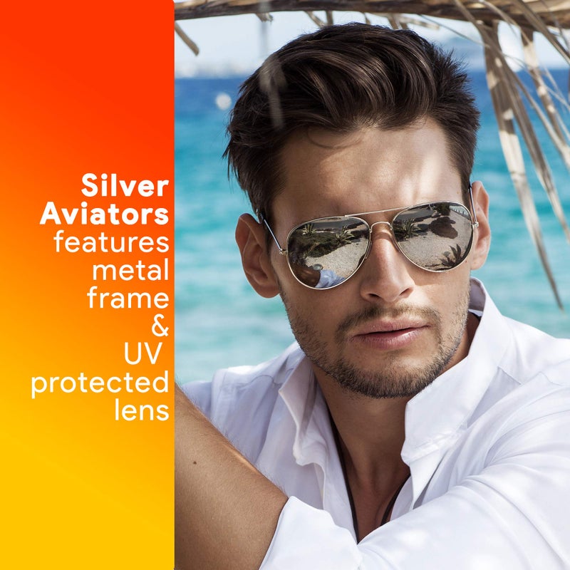 Skeleteen Silver Mirrored Aviator Sunglasses - Military Style Mirror Sun Glasses with Metal Frame and UV 400 Protection - Image 2
